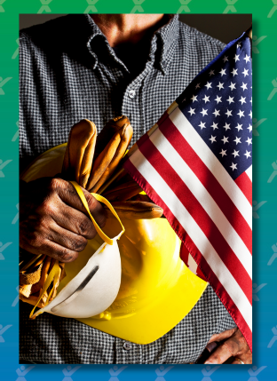 American Worker holding hard hat over chest with the American flag